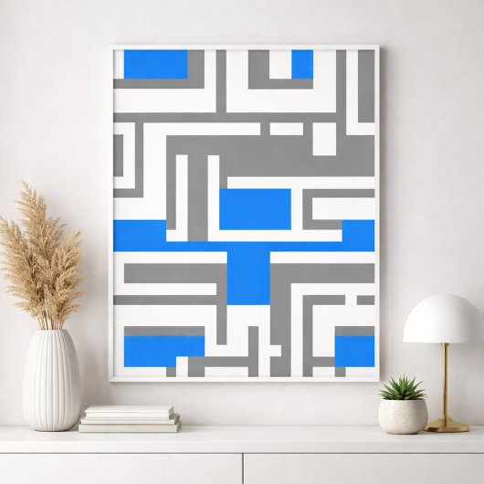 Abstrakte geometrische Kunst in Blau, Weiß und Gra Poster