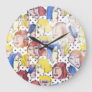 Abstrakte Gesichter, Aquarellpolka-Punkte. Große Wanduhr