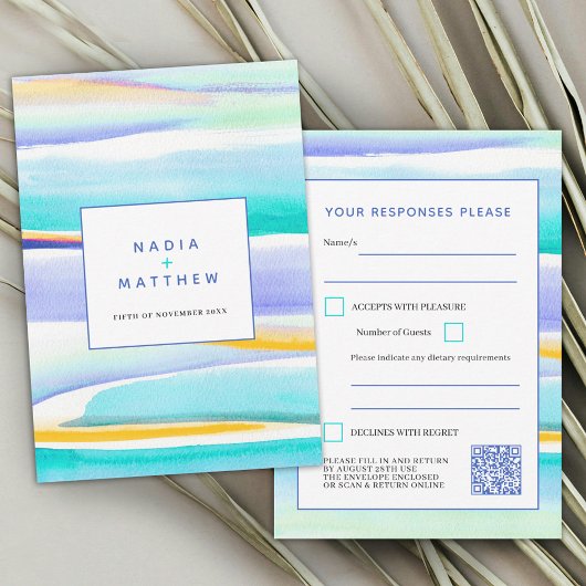 Abstrakte Gezeitenlinien Blaue Hochzeitantwort QR- RSVP Karte