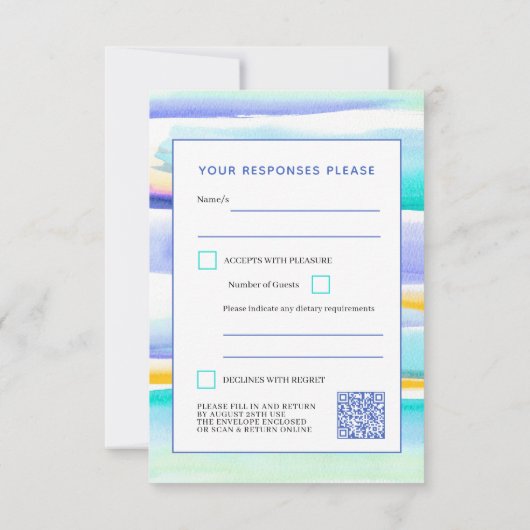 Abstrakte Gezeitenlinien Blaue Hochzeitantwort QR- RSVP Karte (Rückseite)