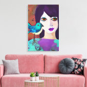 Abstrakte Girl and Bird Lila und Aquamarin Leinwanddruck (Insitu (Wohnzimmer))