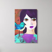 Abstrakte Girl and Bird Lila und Aquamarin Leinwanddruck (Vorderseite)