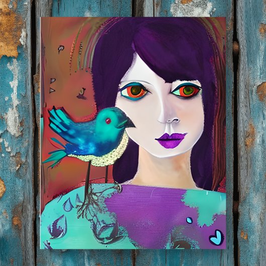 Abstrakte Girl and Bird Lila und Aquamarin Poster