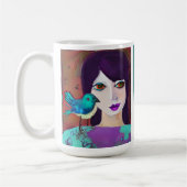Abstrakte Girl & Bird Lila und Aquamarin Personali Kaffeetasse (Links)
