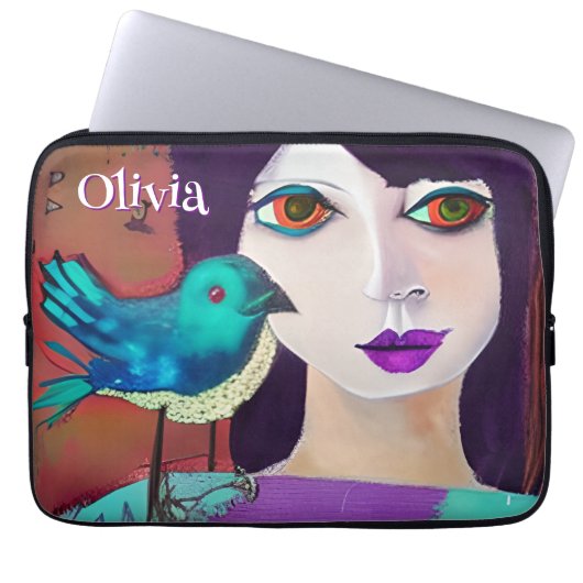 Abstrakte Girl & Bird Lila und Aquamarin Personali Laptopschutzhülle (Vorderseite)