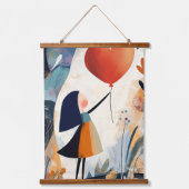 Abstrakte Girl mit Ballon: Whimsical Artwork Wandteppich Mit Holzrahmen (Vorderseite)