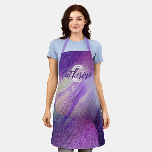 Abstrakte Glittering Neon Magenta Name & Monogramm Schürze (Getragen)