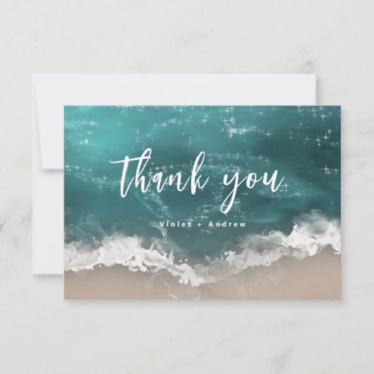 Abstrakte, glitzernde Hochzeit am Ozean Dankeskarte (Vorderseite)