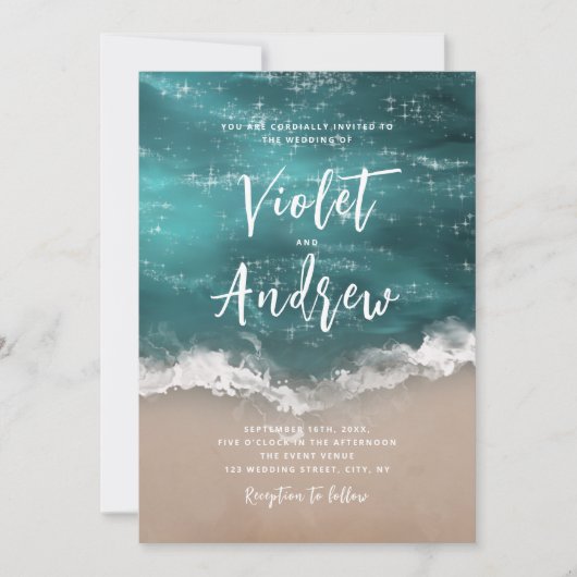 Abstrakte, glitzernde Hochzeit am Ozean Einladung (Vorderseite)