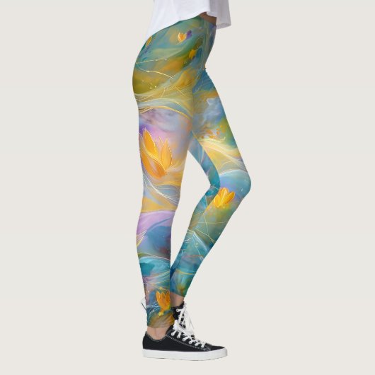 Abstrakte goldene Lotus-Schwimmblumen  Leggings (Rechts)