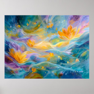 Abstrakte goldene Lotus-Schwimmblumen Poster