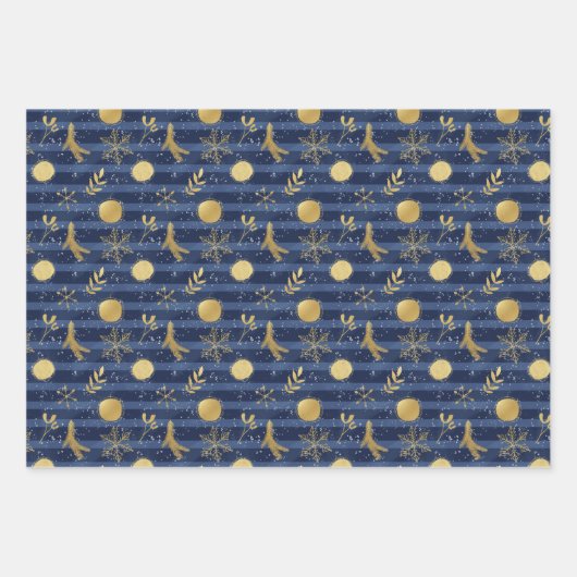 Abstrakte Goldschneeflockenbrille Blaue Geschenkpapier Set (Vorderseite)