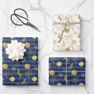 Abstrakte Goldschneeflockenbrille Blaue Geschenkpapier Set