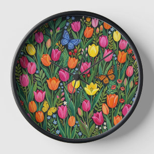 Abstrakte Gouache-Tulpen-Schmetterlinge-Kunst-Uhre Uhr