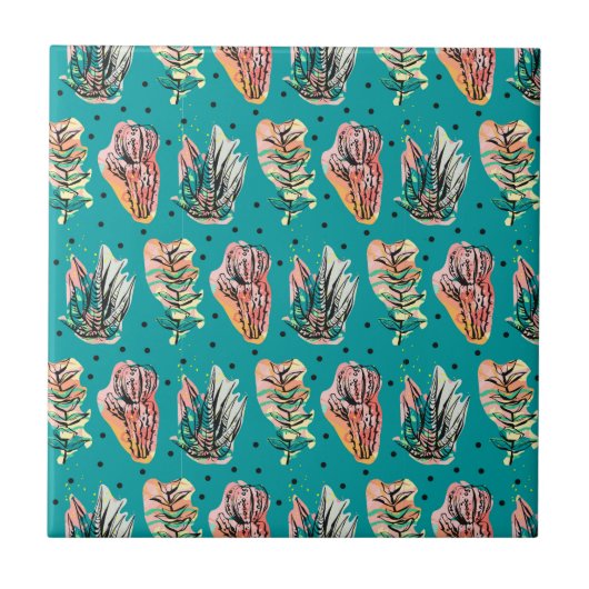 Abstrakte Grafische Kakteen Sukkulentes Muster Fliese (Vorderseite)