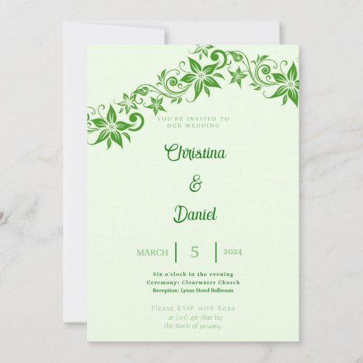 Abstrakte Grüne Blüte & Blätter Einladung Hochzeit (Vorderseite)
