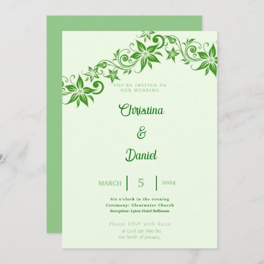 Abstrakte Grüne Blüte & Blätter Einladung Hochzeit (Vorne/Hinten)