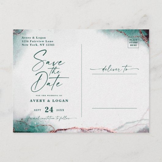 Abstrakte grüne Hochzeit rettet das Datum Ankündigungspostkarte (Rückseite)