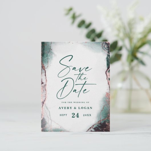 Abstrakte grüne Hochzeit rettet das Datum Ankündigungspostkarte (Stehend Vorderseite)