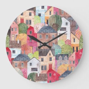 Abstrakte Häuser: Aquarell Nahtloser Hintergrund. Große Wanduhr