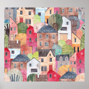 Abstrakte Häuser: Aquarell Nahtloser Hintergrund. Poster