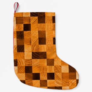 Abstrakte Hintergrundtextur aus Holz vom Ende Kleiner Weihnachtsstrumpf