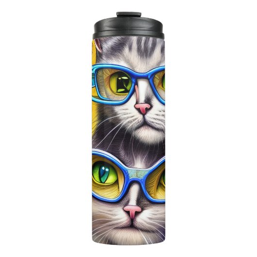 Abstrakte Hippie-Joined Cats mit Brille Thermosbecher (Vorderseite)