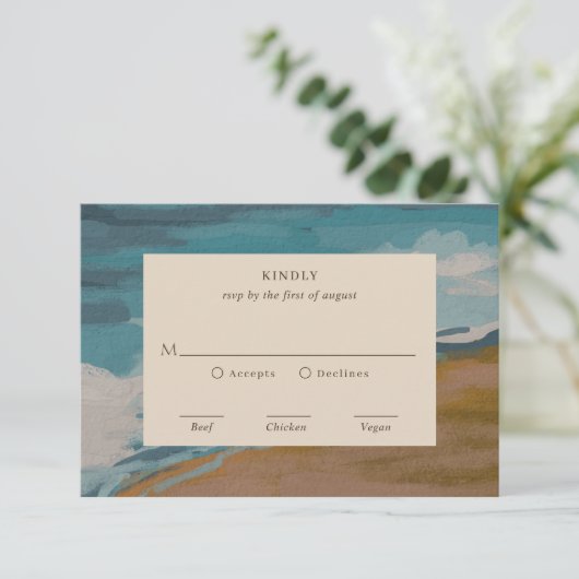 Abstrakte Hochzeit am Meer RSVP Karte (Stehend Vorderseite)