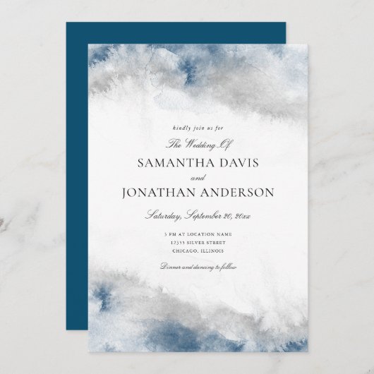 Abstrakte Hochzeit in Blau und Grau Einladung (Vorne/Hinten)