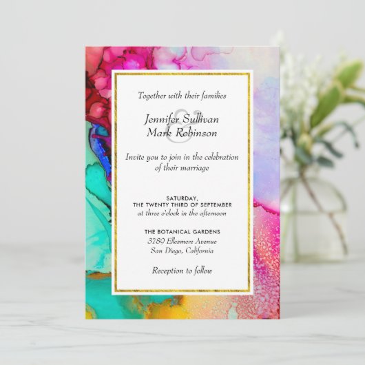 Abstrakte Hochzeit in Rosa und Türkis Einladung (Stehend Vorderseite)