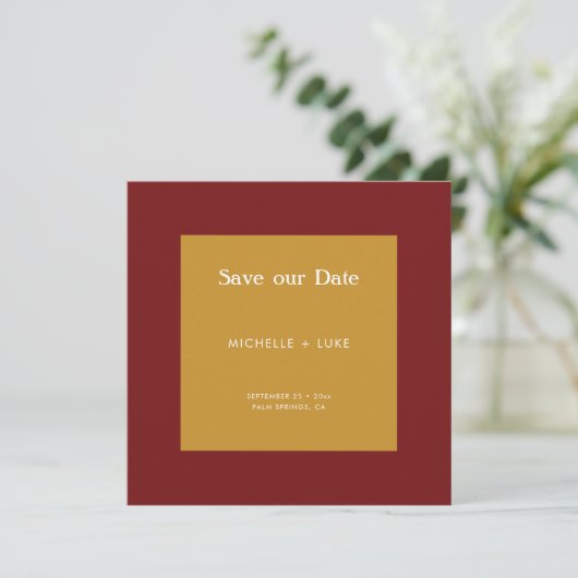 Abstrakte Hochzeit in rotem Gelb Save The Date (Stehend Vorderseite)