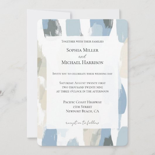 Abstrakte Hochzeit mit Blauweißcreme Einladung (Vorderseite)