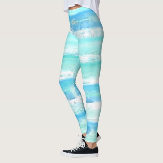 Abstrakte horizontale Streifen blau türkis weiß Leggings (Links)