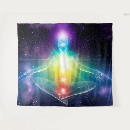 Abstrakte humanoide Lotus-Yoga-Pose mit Chakras Wandteppich (Vorderseite (Horizontal))