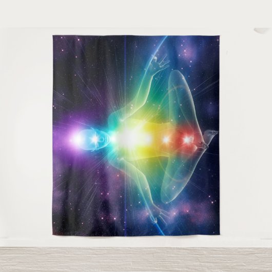 Abstrakte humanoide Lotus-Yoga-Pose mit Chakras Wandteppich (Vorderseite)