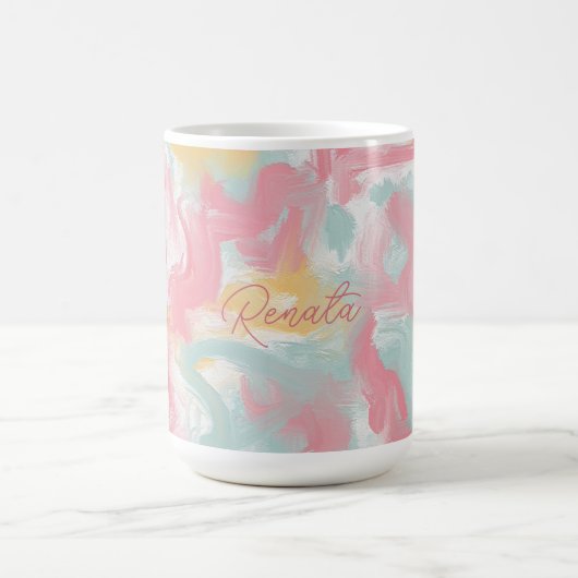 Abstrakte Impasto Paint Coral Yellow Turquoise Kaffeetasse (Mittel)