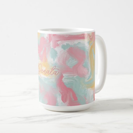 Abstrakte Impasto Paint Coral Yellow Turquoise Kaffeetasse (VorderseiteRechts)
