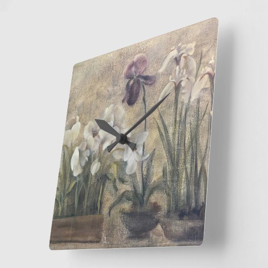 Abstrakte Iris in Töpfen Quadratische Wanduhr (Winkel)
