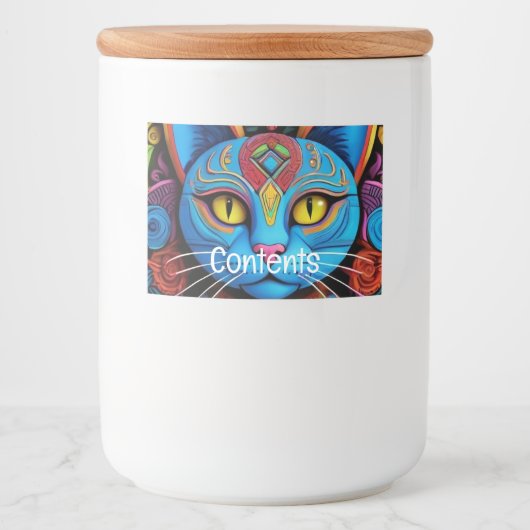 Abstrakte Katze mit gelben Augen Lebensmitteletikett (Vorderseite)