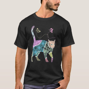Abstrakte Katze tätowierte bunte Schmetterling Kun T-Shirt