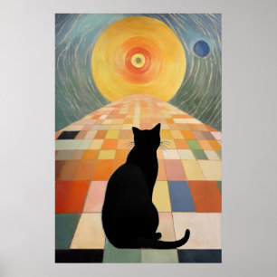 Abstrakte Katzenmalerei - Schwarze Katze und Sonne Poster
