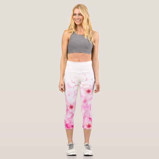 Abstrakte Kirschblüte pink-weiß Capri Leggings (Vorderseite)