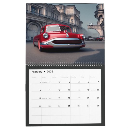 Abstrakte klassische Autos der 50er Jahre Kalender (Feb 2026)