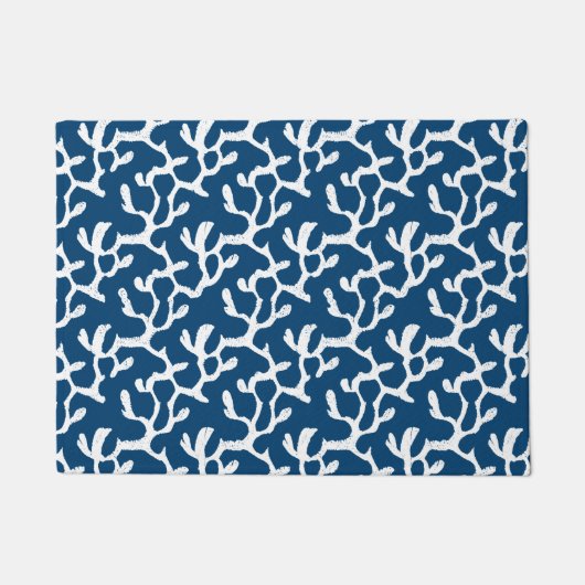 Abstrakte Korallenwiederholmuster in Blau und Weiß Fußmatte (Vorderseite)