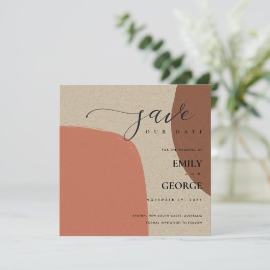 ABSTRAKTE KRAFT TERRACOTTA RED SAVE THE DATE CARD DANKESKARTE (Stehend Vorderseite)