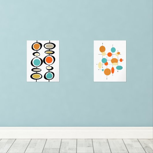 Abstrakte Kreise Türkis Orange Mitte Jahrhundert Bilderwand Sets (Holzboden)