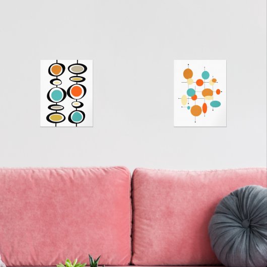 Abstrakte Kreise Türkis Orange Mitte Jahrhundert Bilderwand Sets (Wohnzimmer)