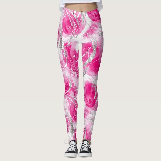 Abstrakte Kreisel in rosa Silberglanz Leggings (Vorderseite)