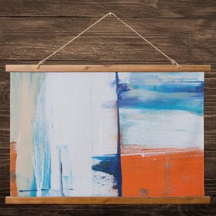 Abstrakte Kunst in Blau und Orange Wandteppich Mit Holzrahmen