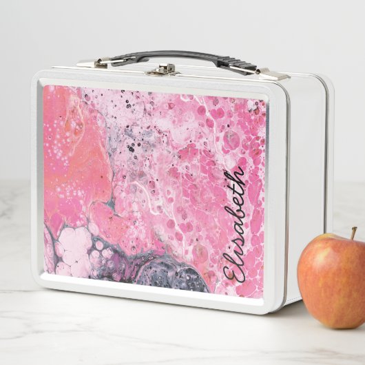 Abstrakte Kunst mit Acrylfarbe gießen | rosa Metall Brotdose (Beispiel)